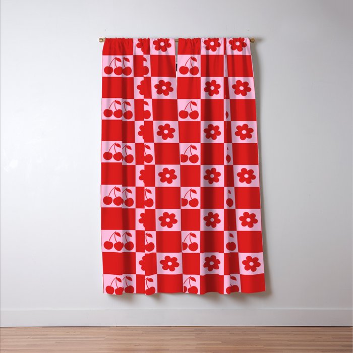 Cherry Flowers Pink & Red Checker Window Curtain Gallery Image 3