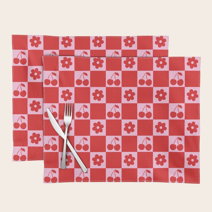 Cherry Flowers Pink & Red Checker Placemat Gallery Image 1