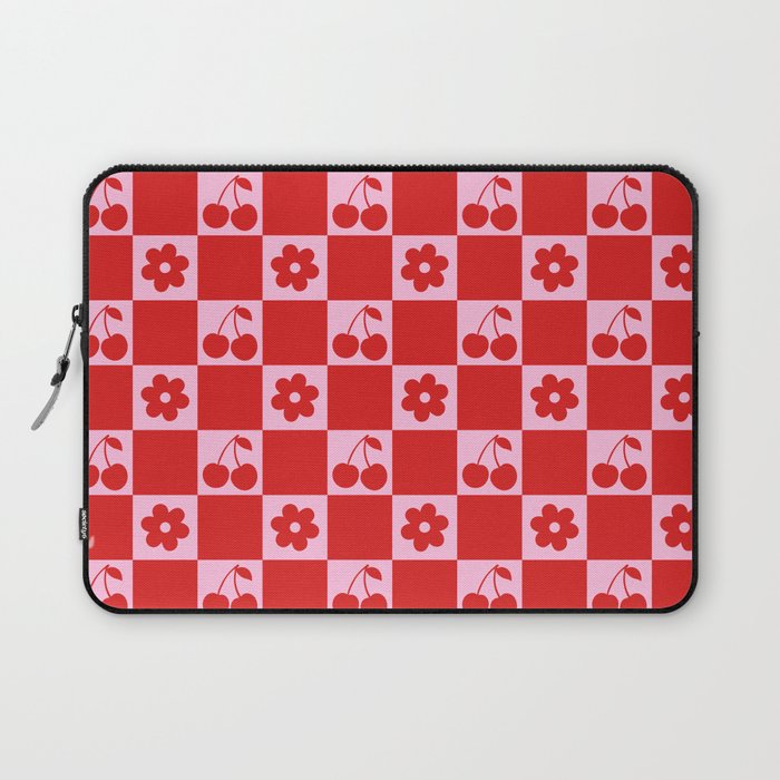 Cherry Flowers Pink & Red Checker Laptop Sleeve Gallery Image 1