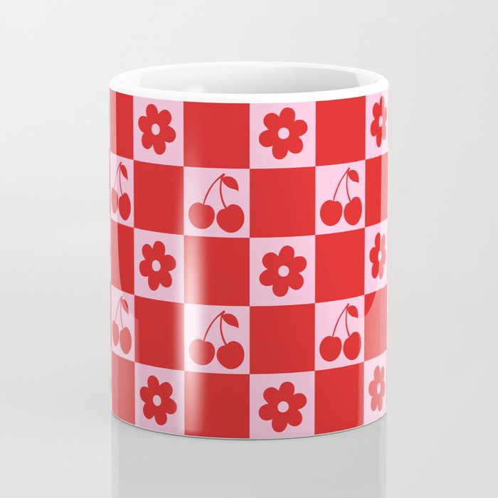 Cherry Flowers Pink & Red Checker Coffee Mug Gallery Image 4