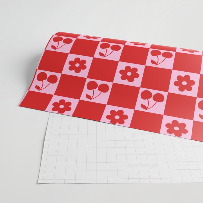 Cherry Flowers Pink & Red Checker Wrapping Paper Gallery Image 2