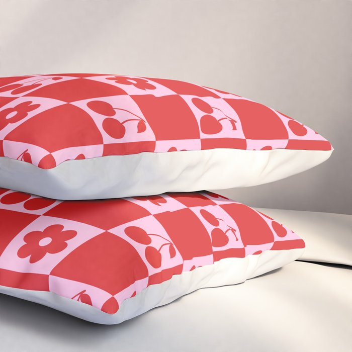 Cherry Flowers Pink & Red Checker Pillow Sham Gallery Image 3