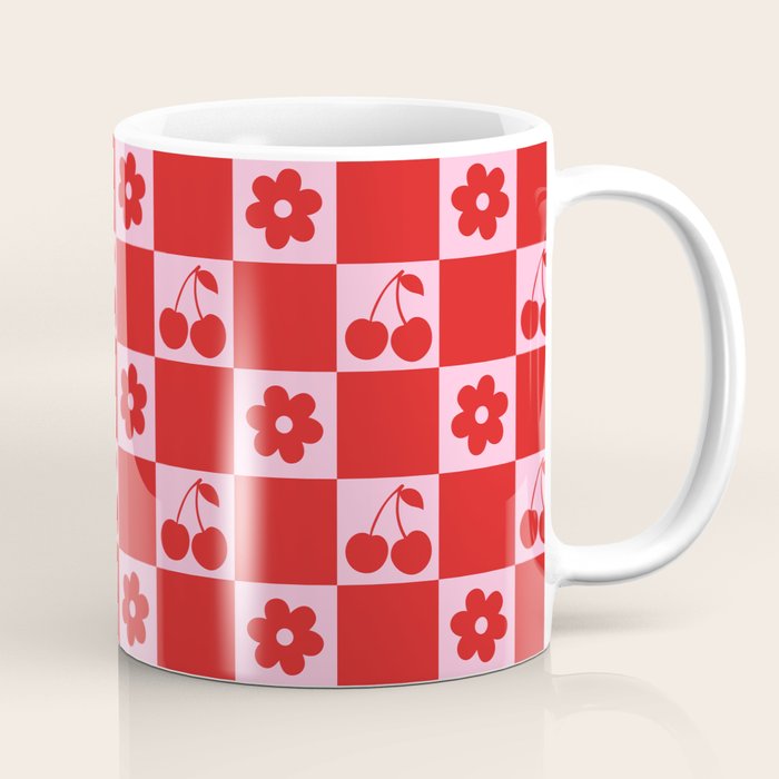 Cherry Flowers Pink & Red Checker Coffee Mug Gallery Image 1