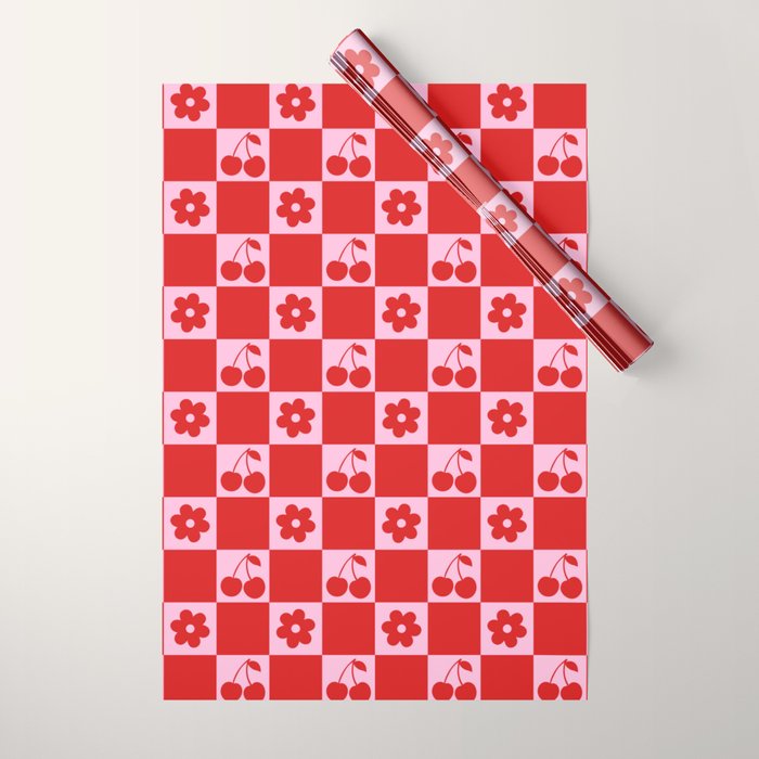 Cherry Flowers Pink & Red Checker Wrapping Paper Gallery Image 1