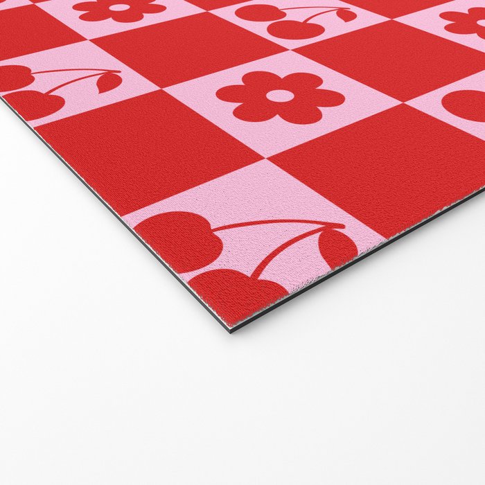 Cherry Flowers Pink & Red Checker Welcome Mat Gallery Image 2