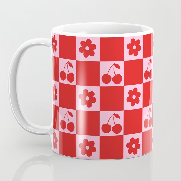 Cherry Flowers Pink & Red Checker Coffee Mug Gallery Image 3