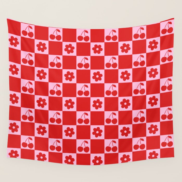 Cherry Flowers Pink & Red Checker Wall Tapestry Gallery Image 4