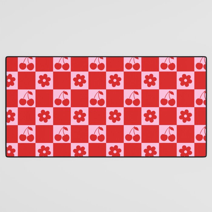 Cherry Flowers Pink & Red Checker Desk Mat Gallery Image 3