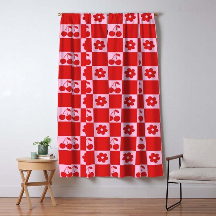 Cherry Flowers Pink & Red Checker Window Curtain Gallery Image 5