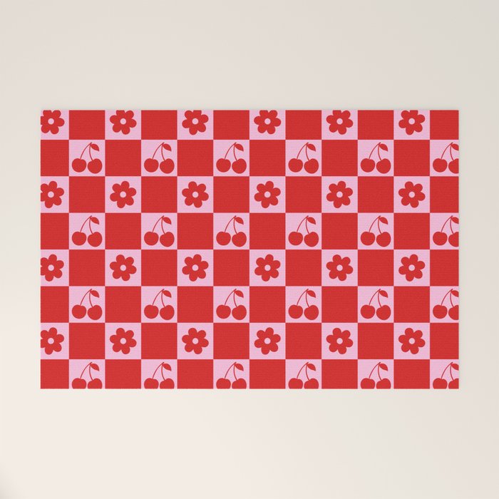 Cherry Flowers Pink & Red Checker Welcome Mat Gallery Image 1
