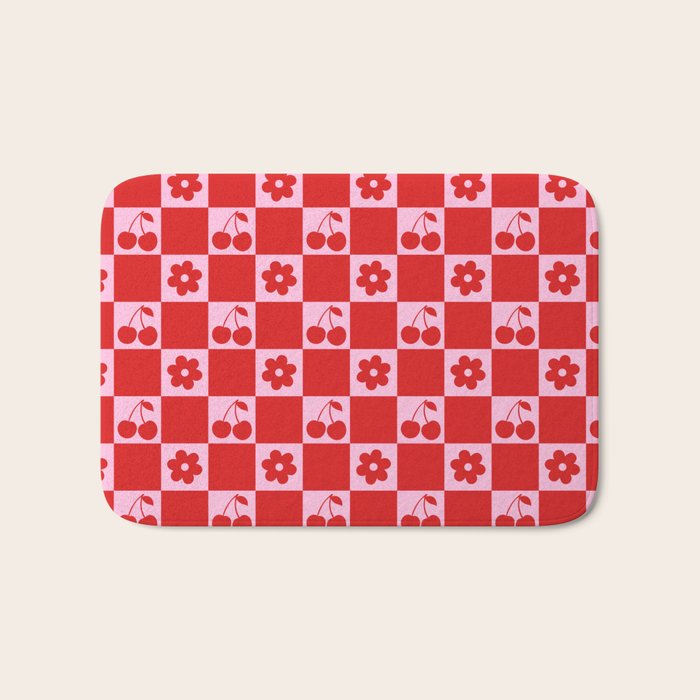 Cherry Flowers Pink & Red Checker Bath Mat Gallery Image 1