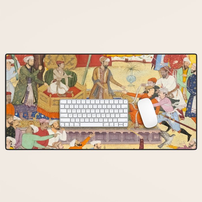 Artist Basawan (Designer) Title The Young Emperor Akbar Arrests the Insolent Shah Abuâl-Maali Indian Miniature Painting Desk Mat Gallery Image 1