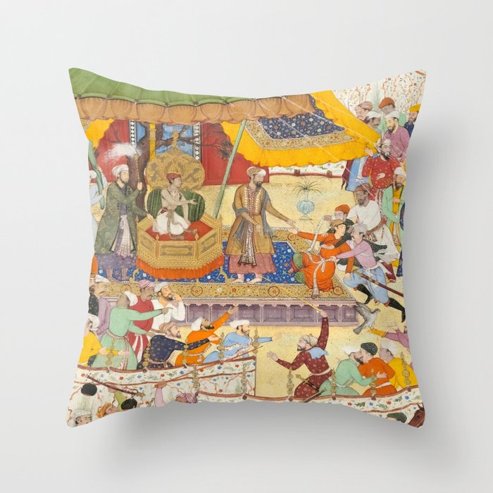 Artist Basawan (Designer) Title The Young Emperor Akbar Arrests the Insolent Shah Abuâl-Maali Indian Miniature Painting Throw Pillow Gallery Image 6
