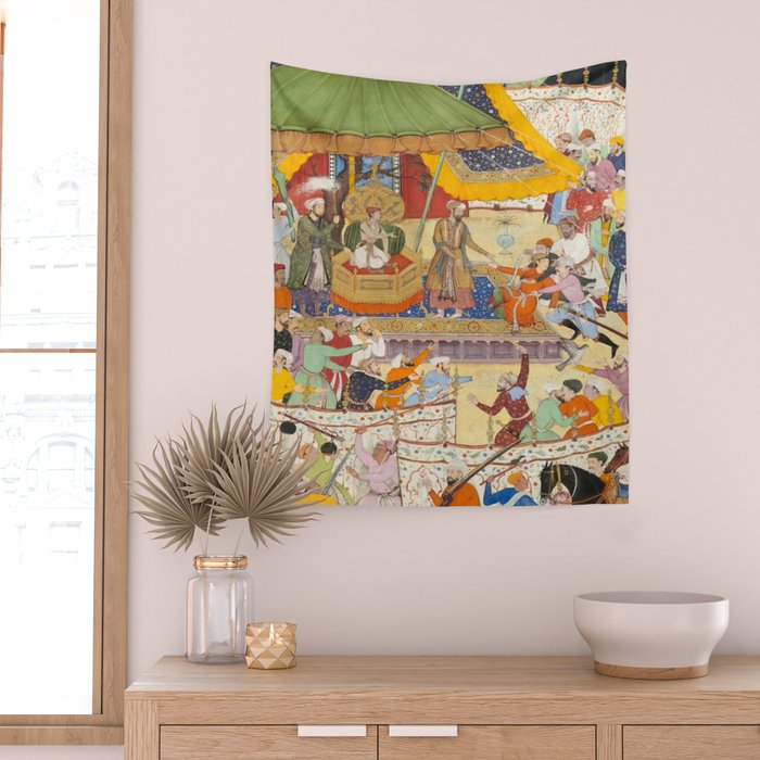 Artist Basawan (Designer) Title The Young Emperor Akbar Arrests the Insolent Shah Abuâl-Maali Indian Miniature Painting Wall Tapestry Gallery Image 2