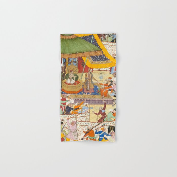Artist Basawan (Designer) Title The Young Emperor Akbar Arrests the Insolent Shah Abuâl-Maali Indian Miniature Painting Bath Towel Gallery Image 1