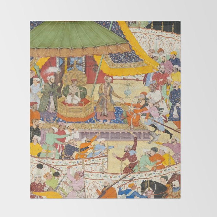 Artist Basawan (Designer) Title The Young Emperor Akbar Arrests the Insolent Shah Abuâl-Maali Indian Miniature Painting Throw Blanket Gallery Image 2