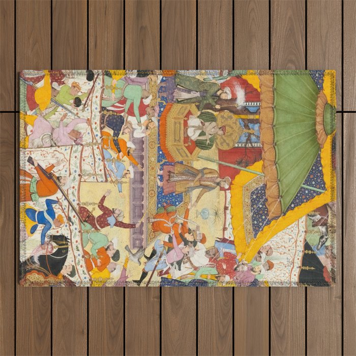 Artist Basawan (Designer) Title The Young Emperor Akbar Arrests the Insolent Shah Abuâl-Maali Indian Miniature Painting Outdoor Rug Gallery Image 1