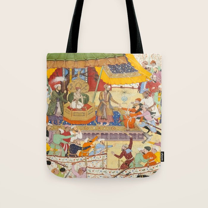 Artist Basawan (Designer) Title The Young Emperor Akbar Arrests the Insolent Shah Abuâl-Maali Indian Miniature Painting Tote Bag Gallery Image 1