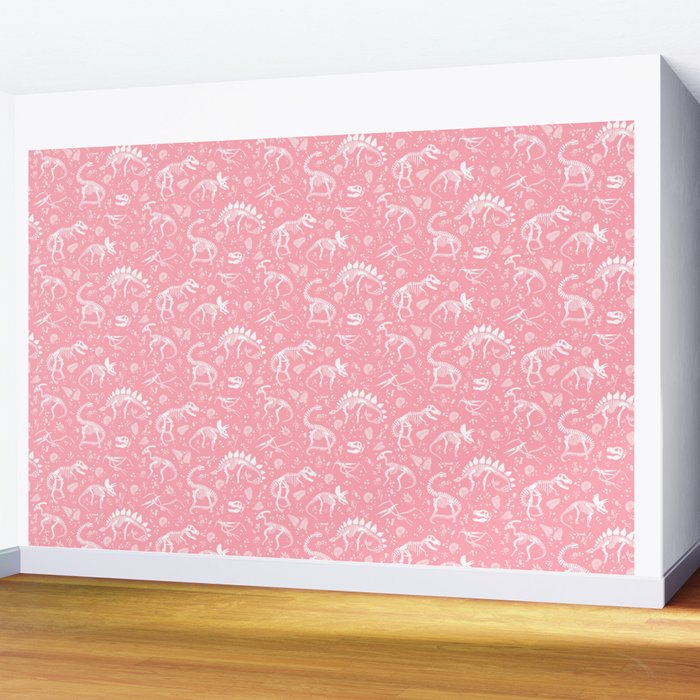Excavated Dinosaur Fossils in Candy Pink Wall Mural Gallery Image 2
