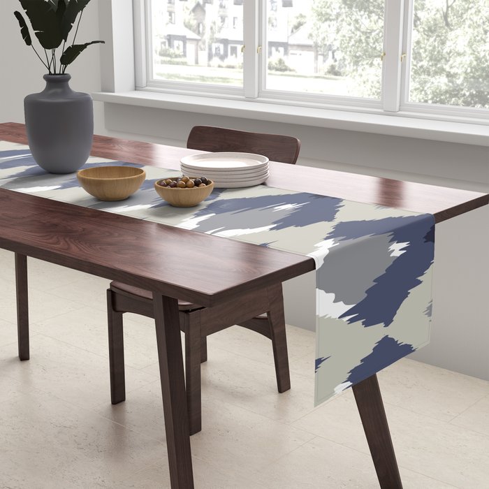 Festive, Boho Art, Geometric, Ikat Pattern, Blue and Gray Table Runner Gallery Image 2