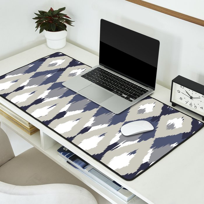 Festive, Boho Art, Geometric, Ikat Pattern, Blue and Gray Desk Mat Gallery Image 2
