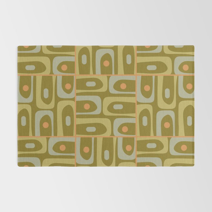 Mid Century Modern Piquet Retro Abstract Multi Pattern in Vintage Olive Green and Cantaloupe Orange Rug Gallery Image 2