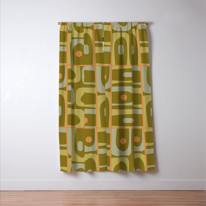 Mid Century Modern Piquet Retro Abstract Multi Pattern in Vintage Olive Green and Cantaloupe Orange Window Curtain Gallery Image 3