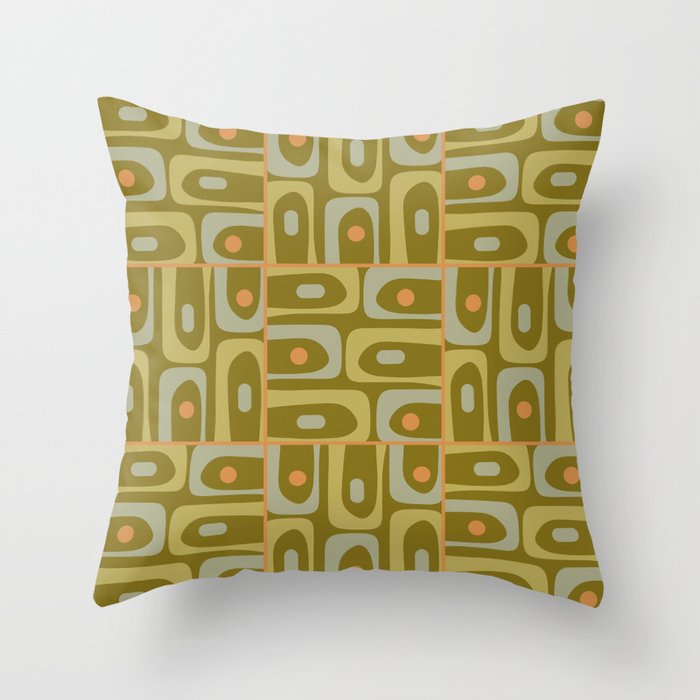 Mid Century Modern Piquet Retro Abstract Multi Pattern in Vintage Olive Green and Cantaloupe Orange Throw Pillow Gallery Image 1