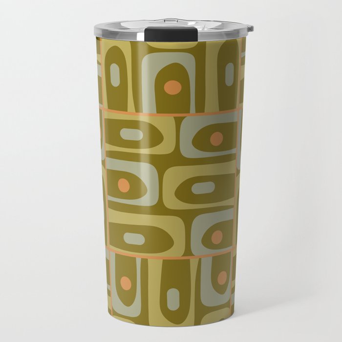 Mid Century Modern Piquet Retro Abstract Multi Pattern in Vintage Olive Green and Cantaloupe Orange Travel Mug Gallery Image 1