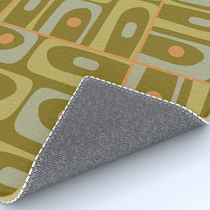 Mid Century Modern Piquet Retro Abstract Multi Pattern in Vintage Olive Green and Cantaloupe Orange Rug Gallery Image 4