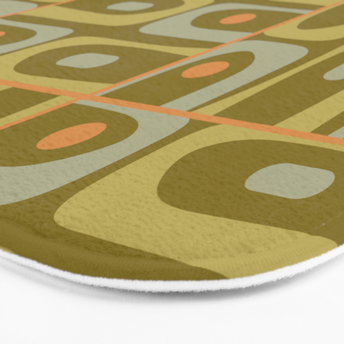 Mid Century Modern Piquet Retro Abstract Multi Pattern in Vintage Olive Green and Cantaloupe Orange Bath Mat Gallery Image 3
