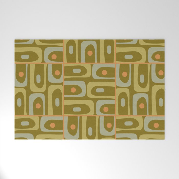 Mid Century Modern Piquet Retro Abstract Multi Pattern in Vintage Olive Green and Cantaloupe Orange Welcome Mat Gallery Image 1