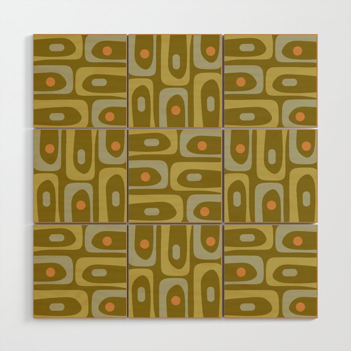 Mid Century Modern Piquet Retro Abstract Multi Pattern in Vintage Olive Green and Cantaloupe Orange Wood Wall Art Gallery Image 1