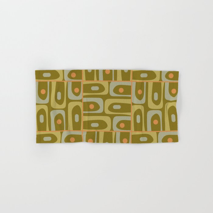 Mid Century Modern Piquet Retro Abstract Multi Pattern in Vintage Olive Green and Cantaloupe Orange Bath Towel Gallery Image 1