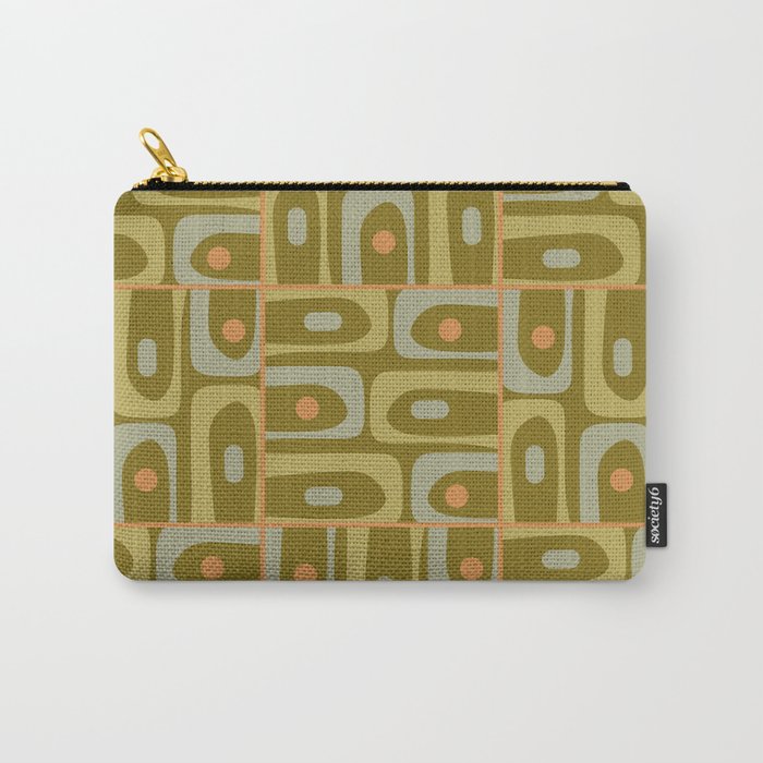 Mid Century Modern Piquet Retro Abstract Multi Pattern in Vintage Olive Green and Cantaloupe Orange Carry All Pouch Gallery Image 1