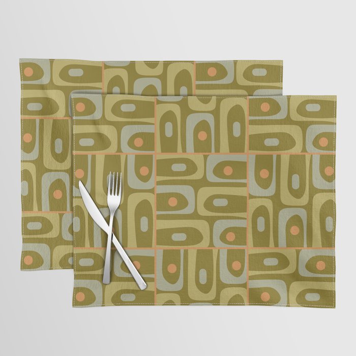 Mid Century Modern Piquet Retro Abstract Multi Pattern in Vintage Olive Green and Cantaloupe Orange Placemat Gallery Image 1