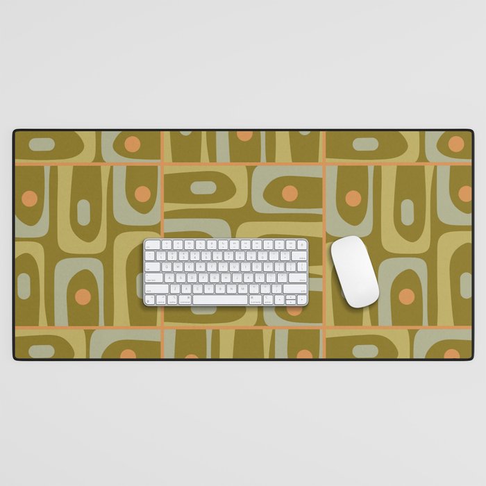 Mid Century Modern Piquet Retro Abstract Multi Pattern in Vintage Olive Green and Cantaloupe Orange Desk Mat Gallery Image 1