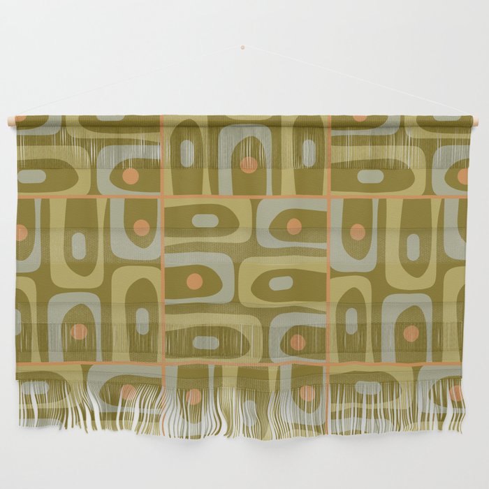 Mid Century Modern Piquet Retro Abstract Multi Pattern in Vintage Olive Green and Cantaloupe Orange Wall Hanging Gallery Image 1