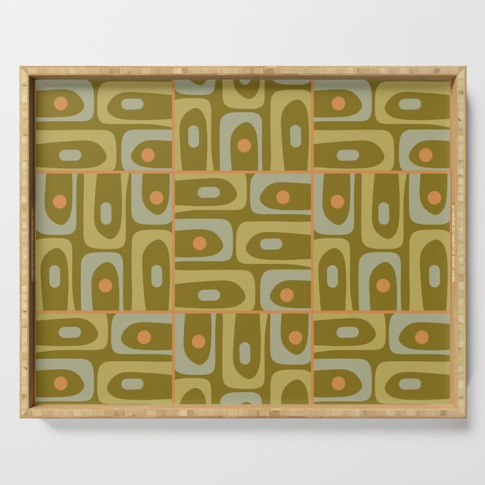 Mid Century Modern Piquet Retro Abstract Multi Pattern in Vintage Olive Green and Cantaloupe Orange Serving Tray Gallery Image 1