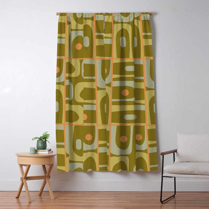Mid Century Modern Piquet Retro Abstract Multi Pattern in Vintage Olive Green and Cantaloupe Orange Window Curtain Gallery Image 1