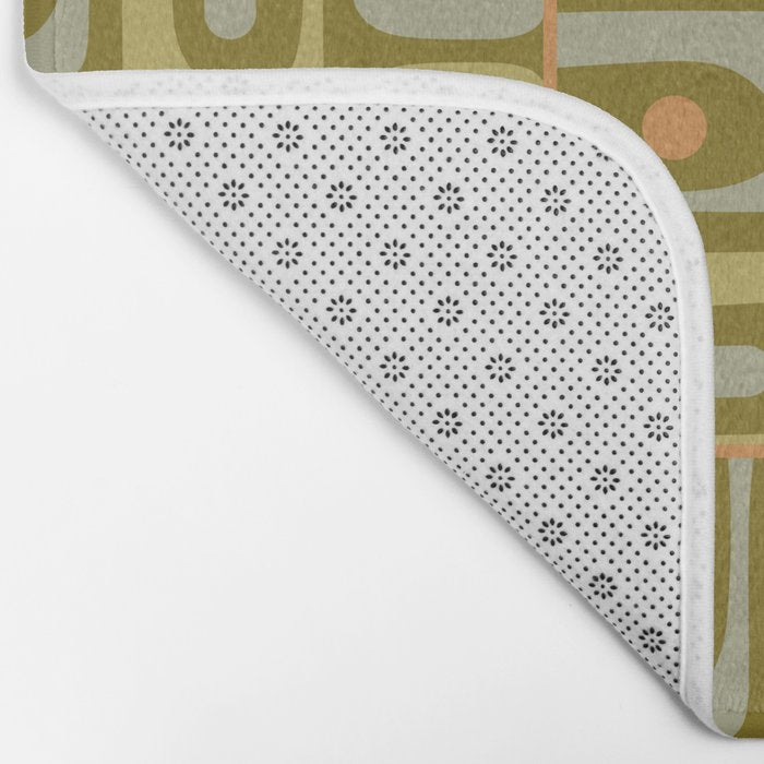 Mid Century Modern Piquet Retro Abstract Multi Pattern in Vintage Olive Green and Cantaloupe Orange Bath Mat Gallery Image 2