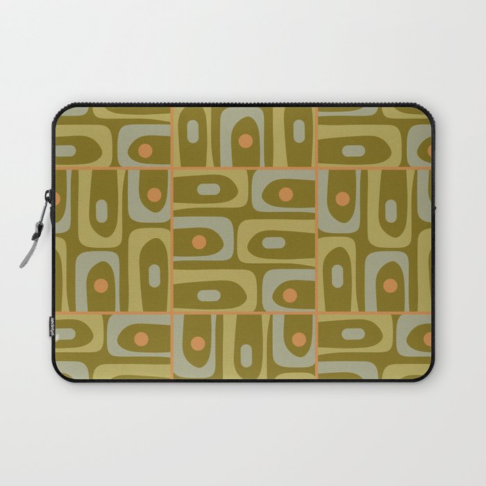 Mid Century Modern Piquet Retro Abstract Multi Pattern in Vintage Olive Green and Cantaloupe Orange Laptop Sleeve Gallery Image 1