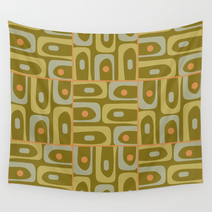 Mid Century Modern Piquet Retro Abstract Multi Pattern in Vintage Olive Green and Cantaloupe Orange Wall Tapestry Gallery Image 4