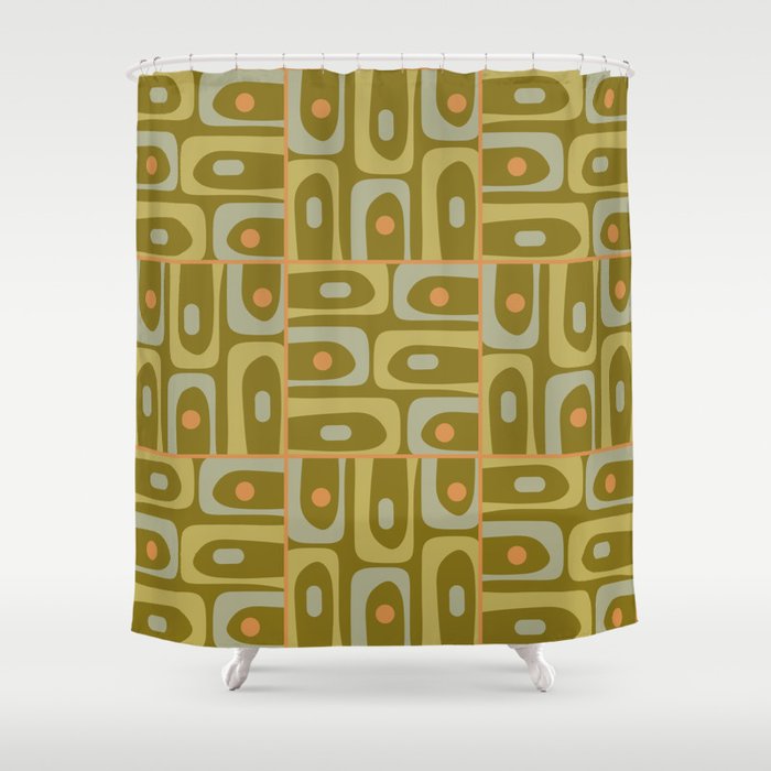 Mid Century Modern Piquet Retro Abstract Multi Pattern in Vintage Olive Green and Cantaloupe Orange Shower Curtain Gallery Image 1
