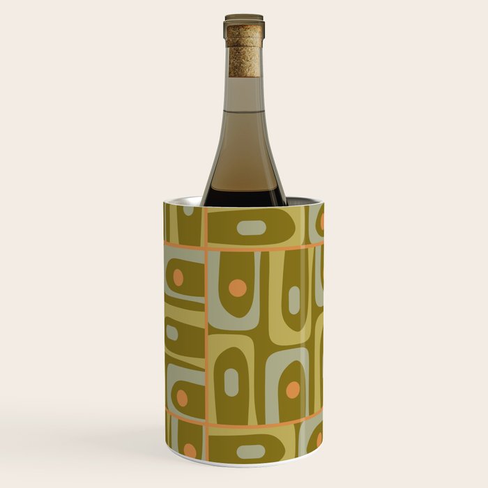 Mid Century Modern Piquet Retro Abstract Multi Pattern in Vintage Olive Green and Cantaloupe Orange Wine Chiller Gallery Image 3