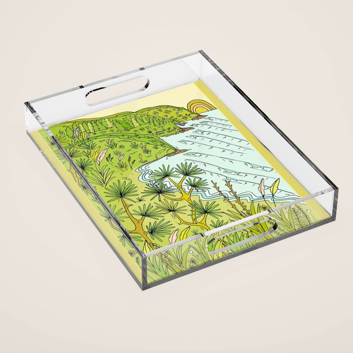 pointbreaks in paradise // lookout in raglan new zealand // retro surf art by surfy birdy Acrylic Tray Gallery Image 1