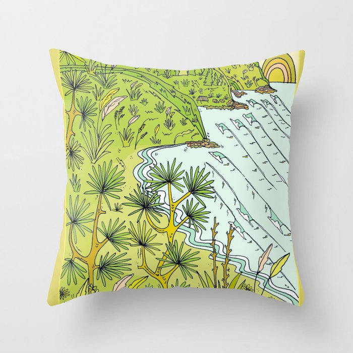 pointbreaks in paradise // lookout in raglan new zealand // retro surf art by surfy birdy Throw Pillow Gallery Image 6
