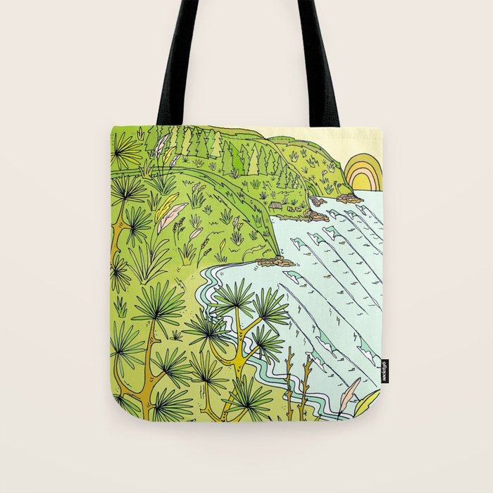 pointbreaks in paradise // lookout in raglan new zealand // retro surf art by surfy birdy Tote Bag Gallery Image 1