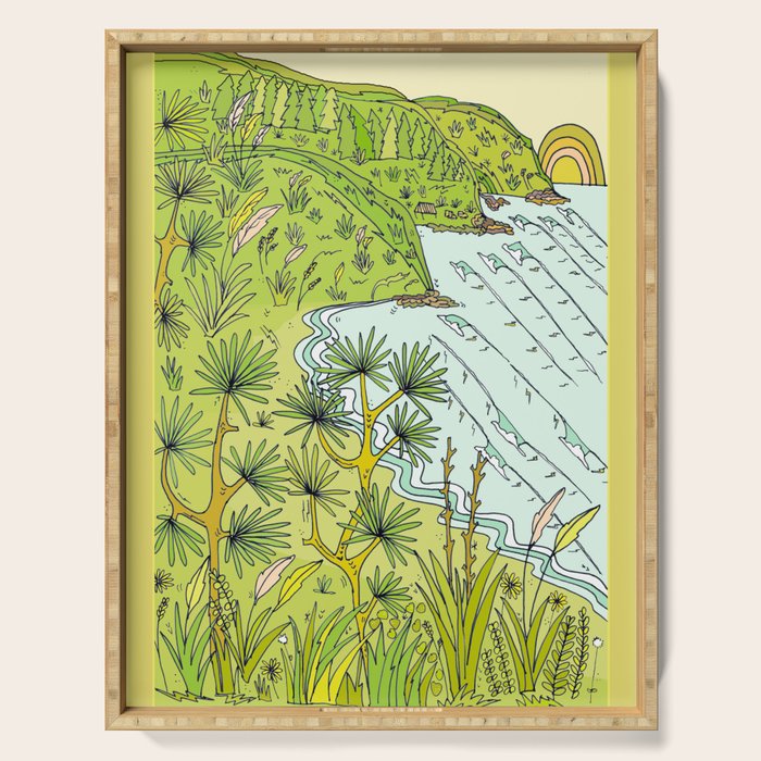 pointbreaks in paradise // lookout in raglan new zealand // retro surf art by surfy birdy Serving Tray Gallery Image 1