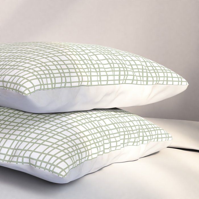 Fine Weave Retro Mid Century Modern Minimalist Woven Line Pattern Sage Green and White Pillow Sham Gallery Image 3